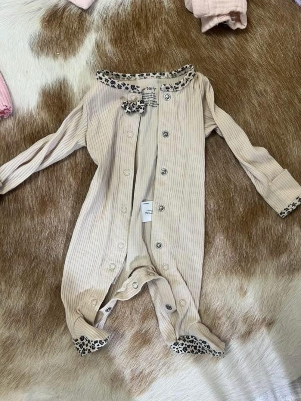 Neutral Ribbed Baby Footed Romper with Leopard Trim